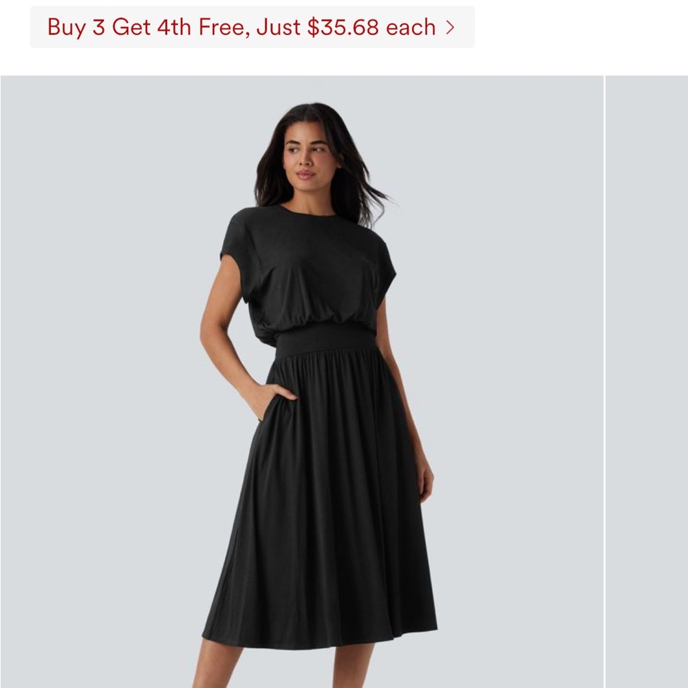 HALARA Black A-Line Midi Dress Crew Neck